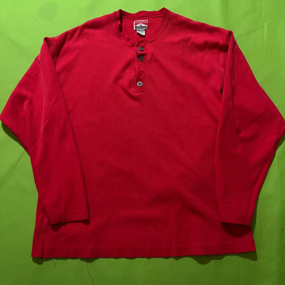 Vintage Marlboro Unlimited Henley Shirt Mens XL Red Ribbed Long Sleeve USA Made